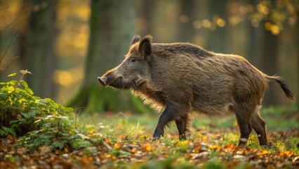 Wild Boar in Autumn Forest Golden Hour Photography, Wildlife, Nature Wild Boar, Autumn Photography