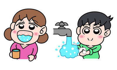 手洗い・うがいをする子供達のイラスト
