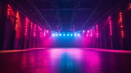 An empty space is artistically illuminated with pink and blue neon lights, creating a futuristic and surreal atmosphere perfect for imaginative uses and creativity.