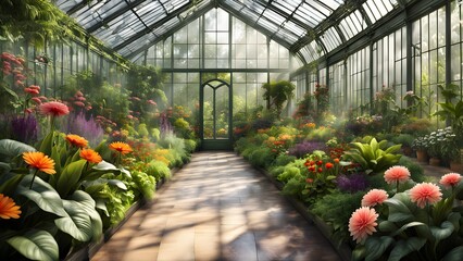 Sun-drenched greenhouse overflowing with vibrant blooming flowers and lush greenery.