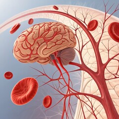 Cerebral Blood Vessels 3D Render of Brain Anatomy, Blood Flow, Red Blood Cells, Healthcare Brain anatomy, blood circulation