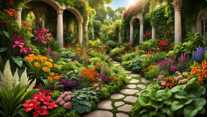 Serene stone path meanders through a vibrant, lush garden blooming with colorful flowers under a sun-dappled archway.