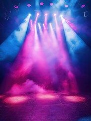 Empty stage illuminated by vibrant pink, blue spotlights. Colorful spotlights cast dynamic patterns on floor. Stage ambiance suggestive of concert disco event. Music, dance main ideas of image.