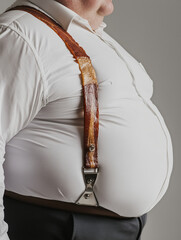 an overweight man with big belly wearing suspenders, crafted from crispy, golden-brown bacon.  with metal fastenings. Plain background