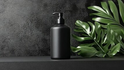 Black matte pump bottle on dark shelf with tropical leaves.