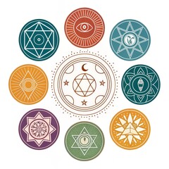 Fototapeta premium Circular Mandala Composition Eight Geometric Symbols, Mystical Eye, Star and Moon Design, Sacred Geometry Art, Spiritual Illustration Sacred Geometry, Mandala Art