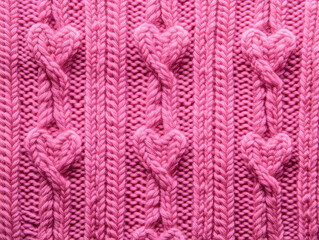 background of a knitted pink sweater texture with heart motif. Valentine's Day concept
