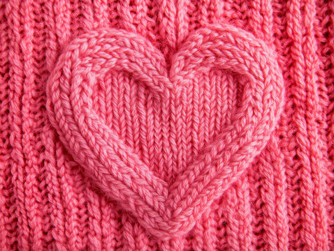 background of a knitted pink sweater texture with heart motif. Valentine's Day concept