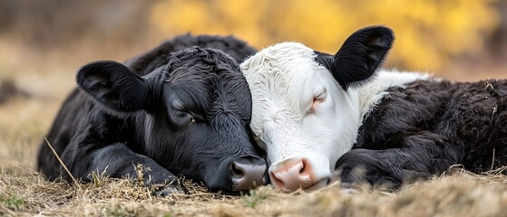 A close-up image of two black and white cows sharing a tender moment in a field.