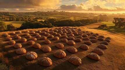 Aerial view of traditional bread baking process on a hillside at sunset, showcasing natural landscape