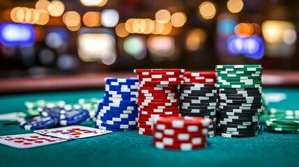 Naklejka premium Vividly colored poker chips and playing cards are spread across a green casino table, highlighted by the ambient glow of distant lights.