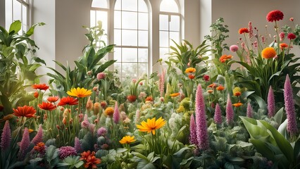 Vibrant floral arrangement in a sunlit room near a large window.