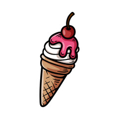 ice cream with cherry colored cartoon isolated drawing line style sketch classic vintage design illustration