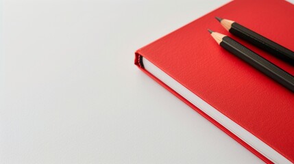 A red notebook and pen on a wooden table.