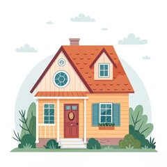 Fototapeta premium Cute Yellow House Illustration Front View, Flat Design, Home Sweet Home, House Illustration House design, Home illustration