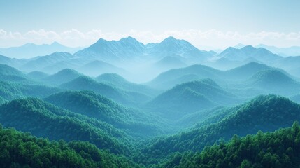 Misty forested mountains under a hazy sky.