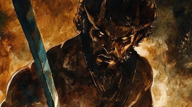 05_Artistic watercolor, close-up of Cronus holding a sickle, intense and foreboding expression, glowing light reflecting off muted bronze and dark earthy tones.jpeg