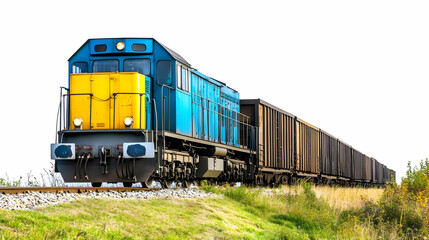 Fototapeta premium Freight train on tracks, rural landscape, transportation