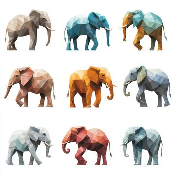 Geometric Elephants Collection: Nine vibrant low-poly elephants in diverse colors, ideal for various design projects.  Each elephant is rendered in a unique polygonal style.