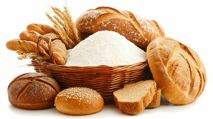 Assorted breads, flour, wheat, basket; baking ingredients, food industry