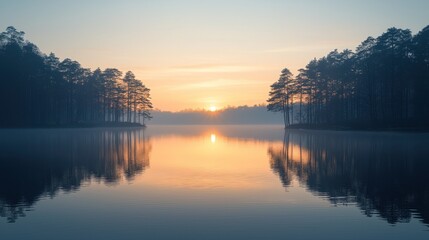 Fototapeta premium Misty sunrise over a calm lake with pine trees.