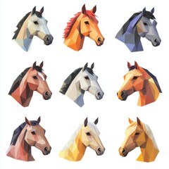 Geometric Horse Heads: Nine horse heads rendered in vibrant geometric patterns, each showcasing a distinct color palette.