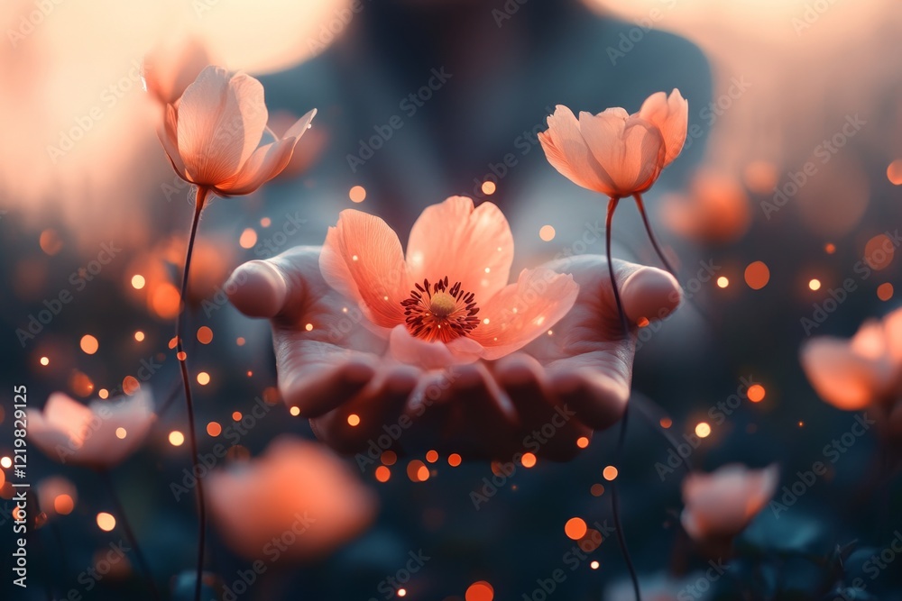 Poster a 3d-rendered depiction of a person standing in a surreal field of glowing flowers, their hands outs