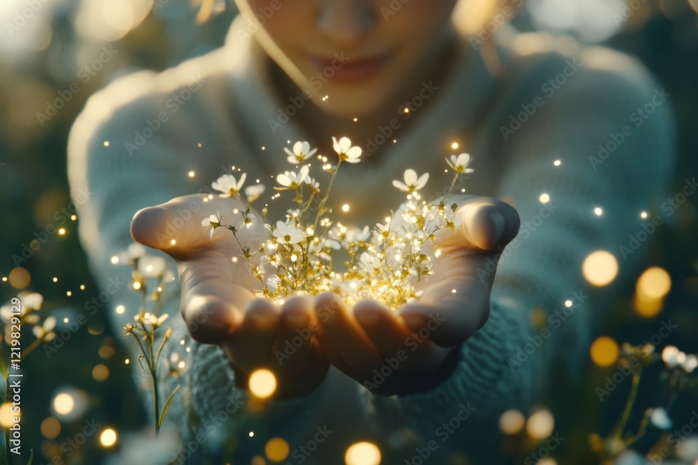 Poster a 3d-rendered depiction of a person standing in a surreal field of glowing flowers, their hands outs