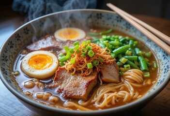 Steaming bowl of delicious ramen with pork, eggs, and scallions served with chopsticks, showcasing a mouthwatering blend of textures and flavors.