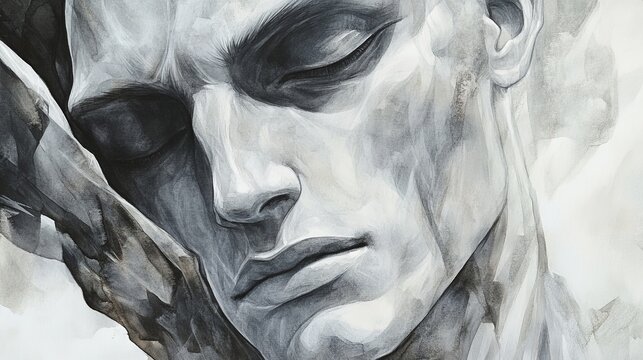 17_Artistic watercolor, close-up of Thanatos with a calm and solemn expression, glowing faint light, muted gray and silver tones with soft brushstrokes evoking a peaceful presence.jpeg