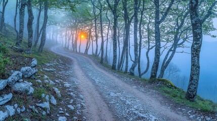 Obraz premium Misty sunrise on a winding forest road.