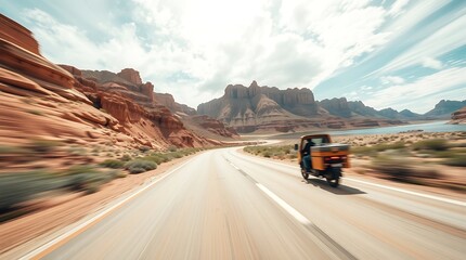 Scenic Desert Highway Journey with a Small Vehicle