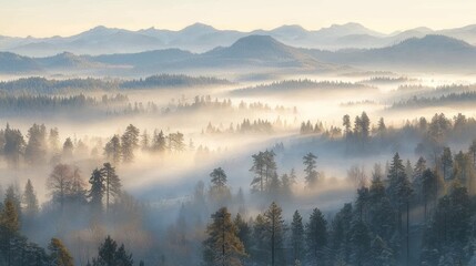 Obraz premium Misty sunrise over a valley of pine forests and distant mountains.