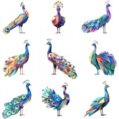 Obraz premium Peacock Geometric Pattern: A captivating collection of nine peacocks in vibrant geometric designs, showcasing the beauty of nature through an abstract lens.