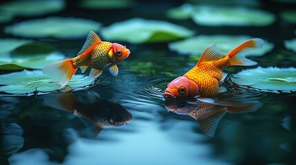 Two goldfish swim in serene pond, lily pads.