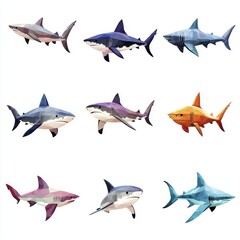 Fototapeta premium Shark Diversity in Low Poly Style: A captivating collection of nine sharks in diverse colors, crafted in a low-poly aesthetic. Each shark exhibits a distinct, vibrant color palette.