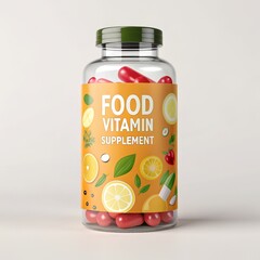 Glass Jar of Food Vitamin Supplement 3D Render, Orange Label, Healthy Lifestyle Dietary supplement, vitamins