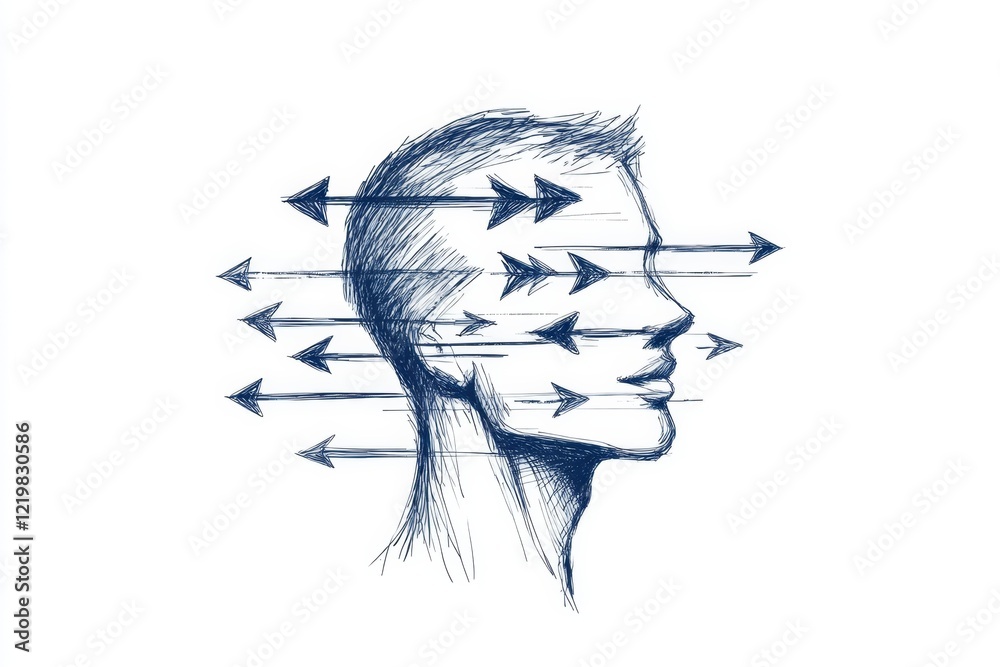 Poster A clean line drawing of a person with overlapping arrows around their head, symbolizing indecision and confusion in a minimalist style