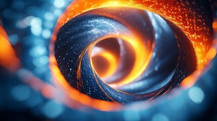 A swirling, energetic spiral composed of blue and orange hues provides an abstract representation of movement, energy, and the flow of time and space.