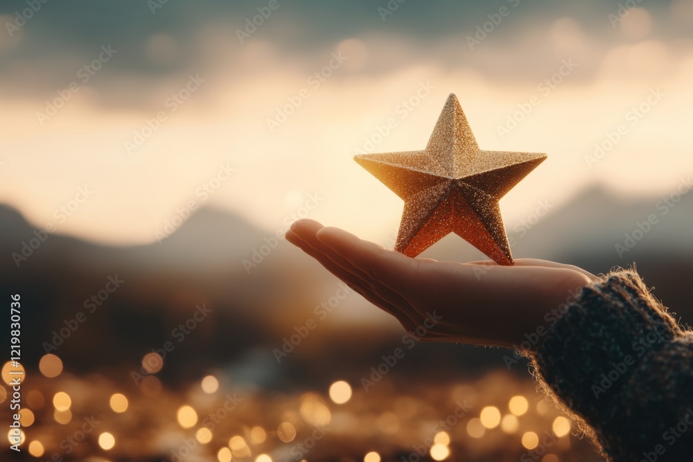 Poster a clean, modern design of a hand holding a small star, rendered in soft gradients of gold and blue, 