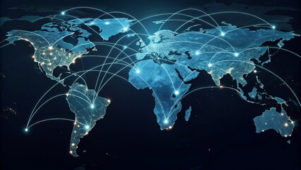 Global Network Illuminated World Map with Interconnected Nodes, Digital Communication, Global Connectivity, Network Topology Global network, World map