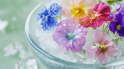 Colorful Edible Flowers on Ice - Summer Refreshment and Decor Concept