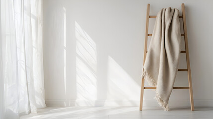 Cream-colored throw blanket draped over a light wooden ladder in a bright, minimalist room.