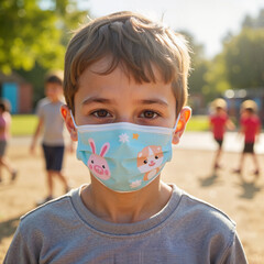 Boy wearing playful mask smiling outdoors in park