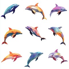 Obraz premium Geometric Dolphins Collection: Nine vibrant, low-poly dolphins in various poses and colors leap and swim, creating a dynamic and playful underwater scene.