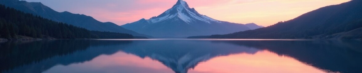 Fototapeta premium majestic mountain peak reflected in the calm surface of a serene mountain lake at dawn, landscape, lake, calm