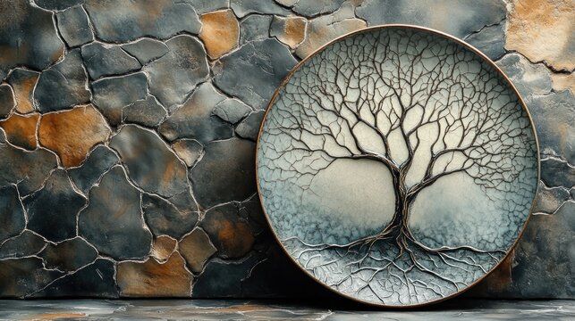Modern Decorative Plate with Tree Patterns on Cracked Tile Wall