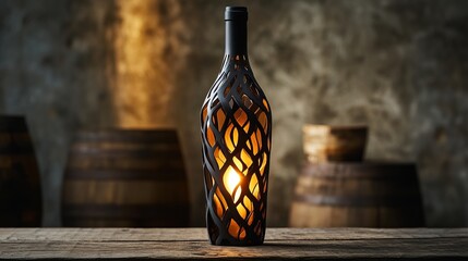 A beautifully designed bottle with an intricate lattice pattern is elegantly illuminated from within, captured in an atmospheric setting with wooden barrels in the background.