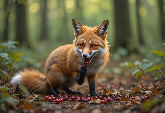 A vibrant red fox sits in an autumnal forest, delicately eating a cluster of berries scattered on the forest floor.