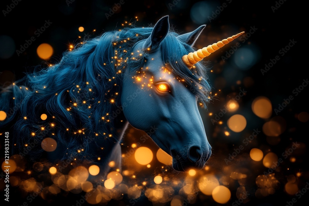 Poster a fantasy scene of a glowing unicorn standing in a mystical forest, surrounded by sparkling fireflie